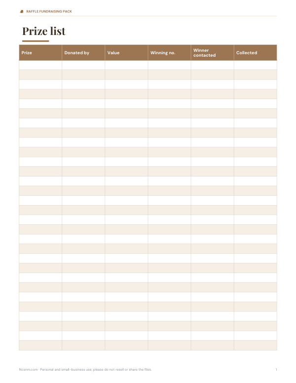 Preview of Printable Prize List Sheet
